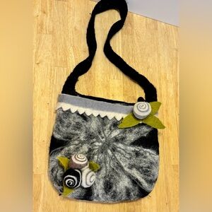 Stylish Black and Gray Wool Floral Shoulder Bag